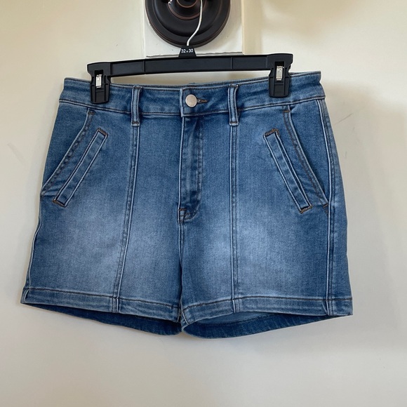 Risen Jeans High Rise Denim Shorts L Blue Jean Flat Front Pockets Casual Summer - Picture 1 of 13